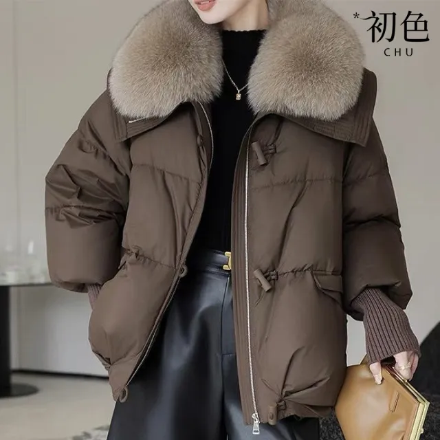 【初色】純色毛領長袖拉鍊禦寒防風保暖科技保暖纖維外套女外套-共4色-16590(M-2XL可選)