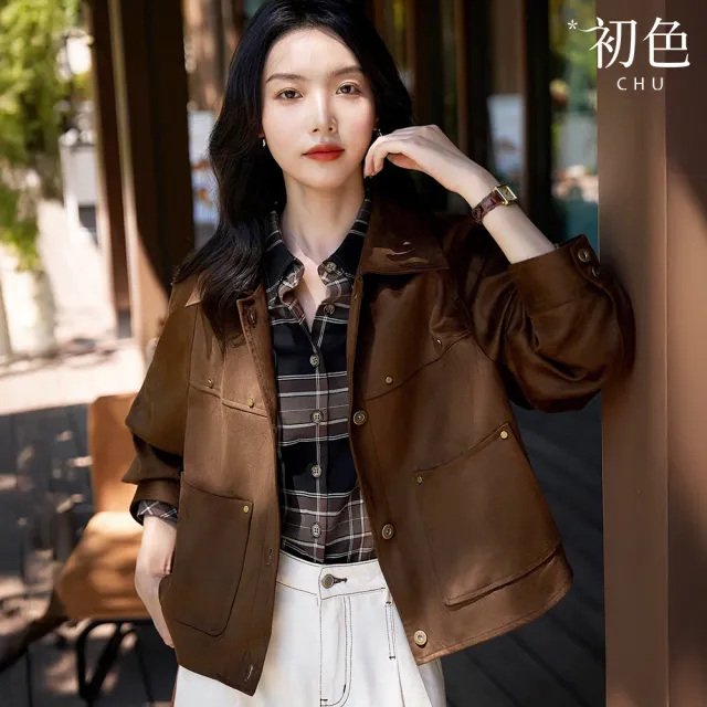 【初色】復古老錢風純色翻領七分袖單排釦雙口袋麂皮夾克外套女外套-共2色-16628(M-2XL可選)