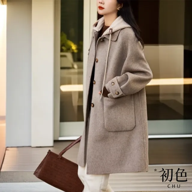 【初色】寬鬆顯瘦單排扣大口袋拼接連帽毛呢保暖大衣外套女外套-共2色-38216(M-2XL可選)(其他規格)