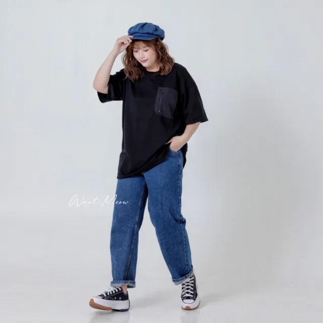 【Want-Meow】自訂款100公斤可穿/深藍色直筒褲寬褲鬆緊褲頭男友褲牛仔褲(大尺碼/大碼/直筒牛仔褲)
