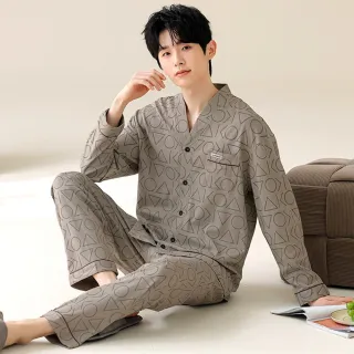 【PINK LADY】男睡衣 棉柔長袖成套睡衣 幾何時光 印花寬版 秋冬排扣居家服(保暖/日系V領/兩件式)