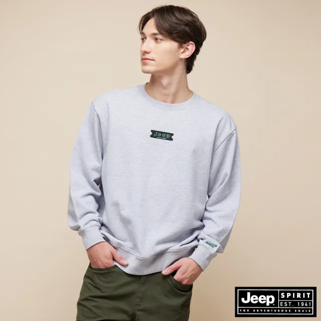 【JEEP】男裝 徽章刺繡長袖大學T(灰色)