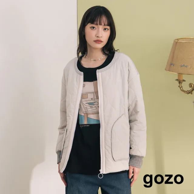 【gozo】MOMO獨家款★限量開賣 發熱異材質拼接衍縫鋪棉拉鍊外套(兩色)