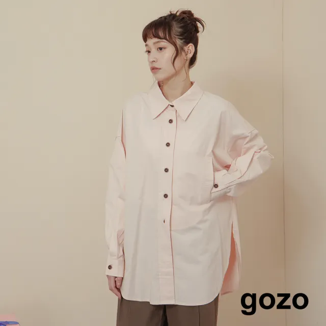 【gozo】MOMO獨家款★限量開賣 撞色鈕釦造型口袋長版襯衫(兩色)