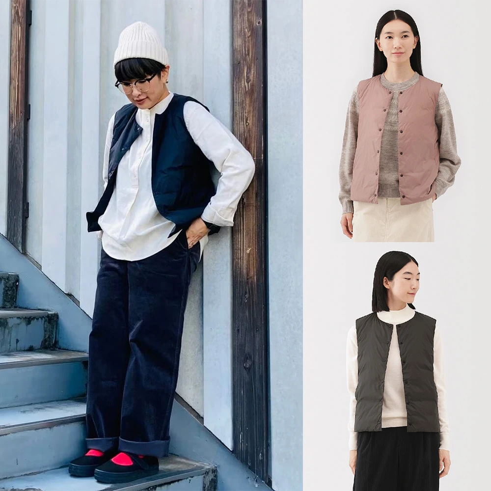 無印良品羽絨背心 MUJI 無印良品女輕量羽絨可攜式無領背心,薰衣草紫,黑色,淺米,煙燻粉,深棕)