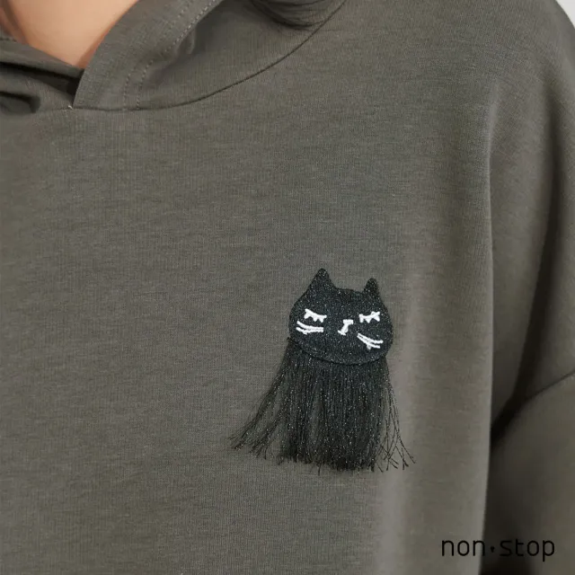 【non-stop】貓影流蘇刺繡連帽T恤-2色