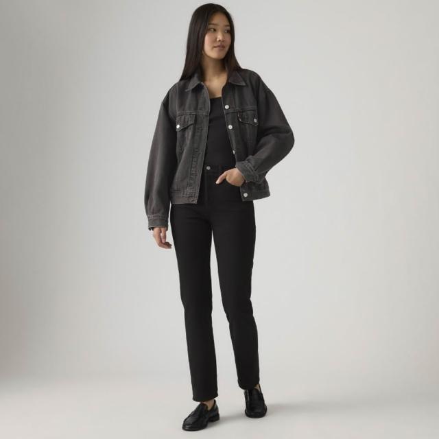 【LEVIS】女 Wedgie高腰修身直筒排釦牛仔長褲/黑色基本款/彈性布料 及踝款 熱賣單品 34964-0023