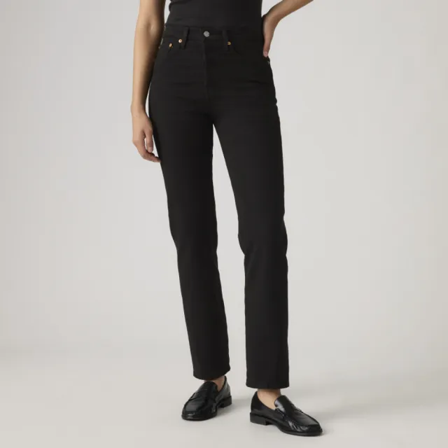 【LEVIS】女 Wedgie高腰修身直筒排釦牛仔長褲/黑色基本款/彈性布料 及踝款 熱賣單品 34964-0023