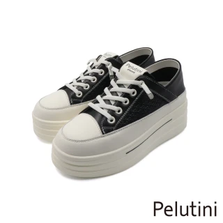 【Pelutini】編織壓紋造型增高厚底綁帶休閒鞋 黑色(535139W-WHBL)