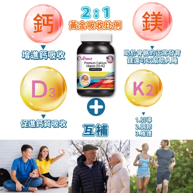 【CaPower 加柏爾】特級鈣維生素D3+K2膠囊2入組(60粒/瓶)-含鈣.鎂.鋅.亞麻仁油.維生素E