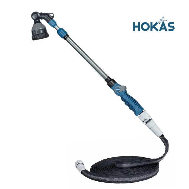 【HOKAS】HOKAS伸縮型長柄水槍搭配強力水管套組(伸縮水槍 強力水管15米 台灣製)