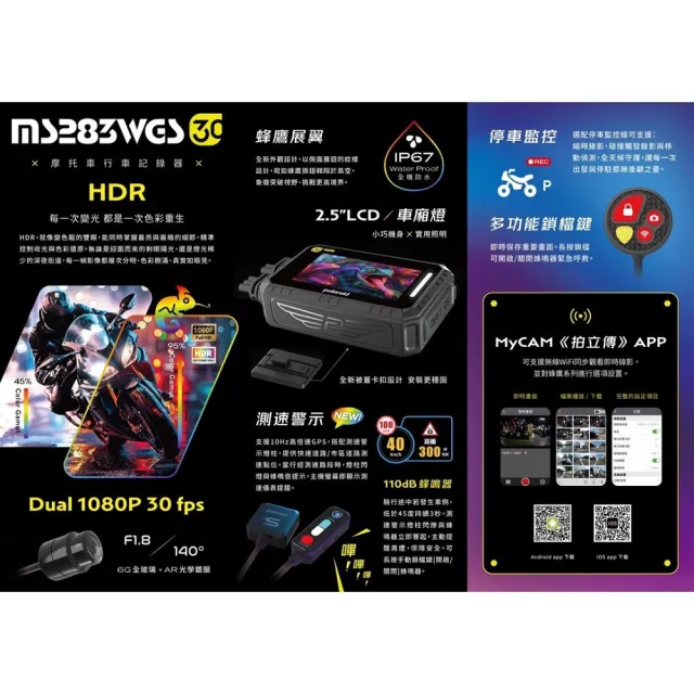 【Polaroid 寶麗來】含安裝白牌 MS283WGS 最新小蜂鷹 附記憶卡(機車雙鏡頭行車紀錄器-新上市！小蜂鷹)