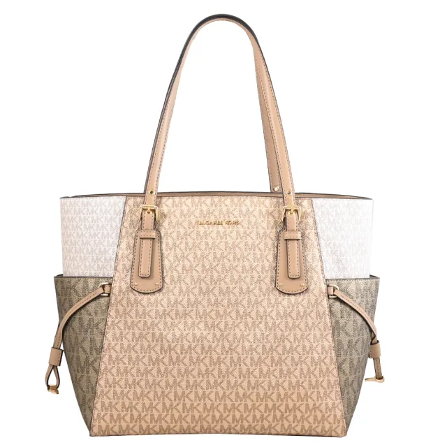 【Michael Kors】VOYAGER 經典MK LOGO印花束口雙口袋托特包(駝色)