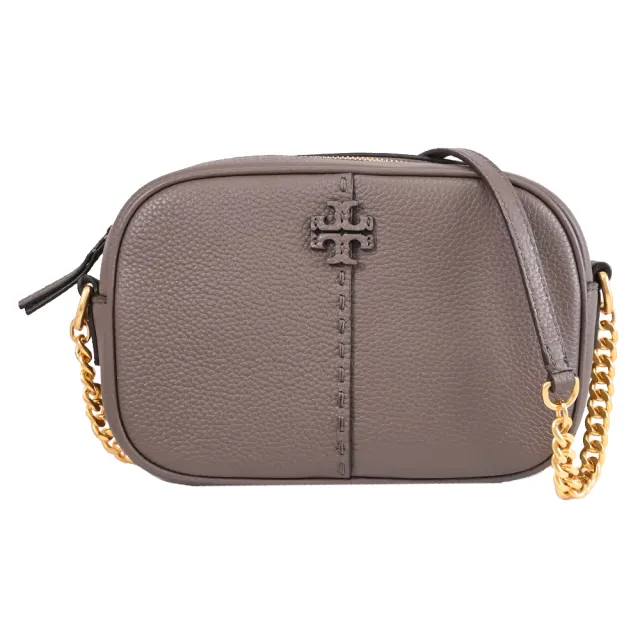 【TORY BURCH】簡約經典雙T LOGO荔枝皮革方包相機包斜背包(灰棕)