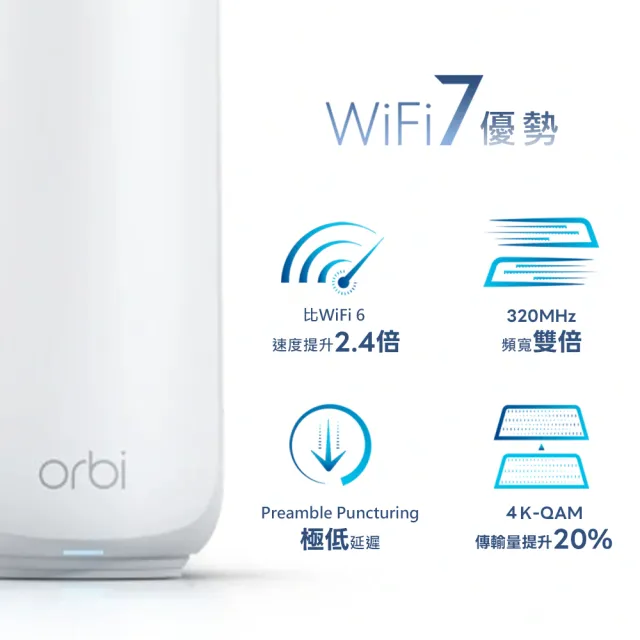【NETGEAR】Orbi RBE372 BE5000 雙頻 WiFi 7 Mesh 延伸系統 路由器 +1衛星(1.5GHz 四核 + 1GB RAM)