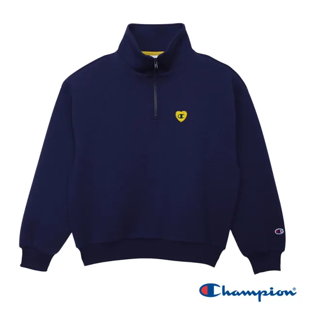 【Champion】官方直營 女款-CASUAL 寬版刺繡布章立領半開襟長袖上衣-深藍色(CW-C009-352日規)