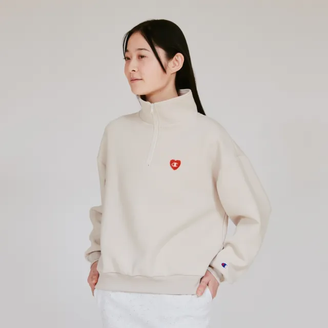 【Champion】官方直營 女款-CASUAL 寬版刺繡布章立領半開襟長袖上衣-米色(CW-C009-368日規)