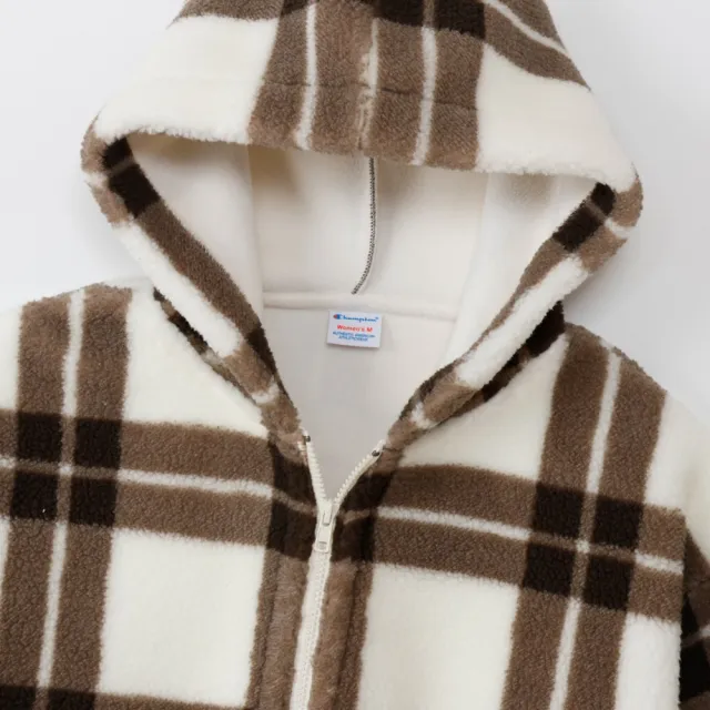 【Champion】官方直營 女款-CASUAL 格紋抓毛絨連帽外套-白色/褐色格紋(CW-C603-034 日規)