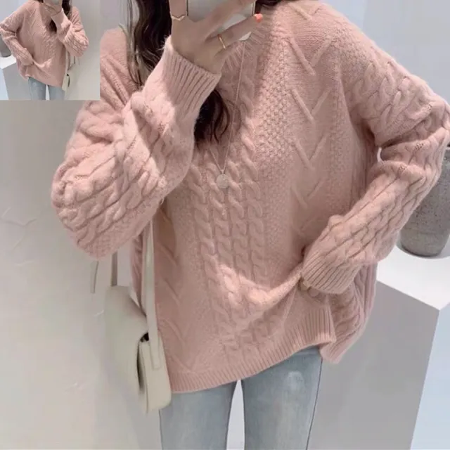 【D.studio】韓版溫柔色系寬鬆毛衣(針織上衣長袖上衣衣服長袖t恤保暖上衣冬天女裝秋冬女裝發熱衣W605)