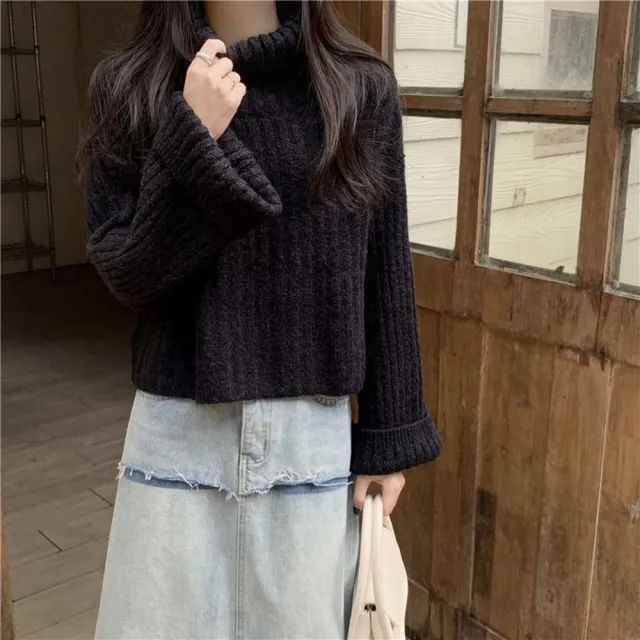 【D.studio】韓版復古寬鬆高領針織上衣(毛衣長袖上衣衣服保暖上衣 冬天女裝秋冬女裝發熱衣高領內搭W583)