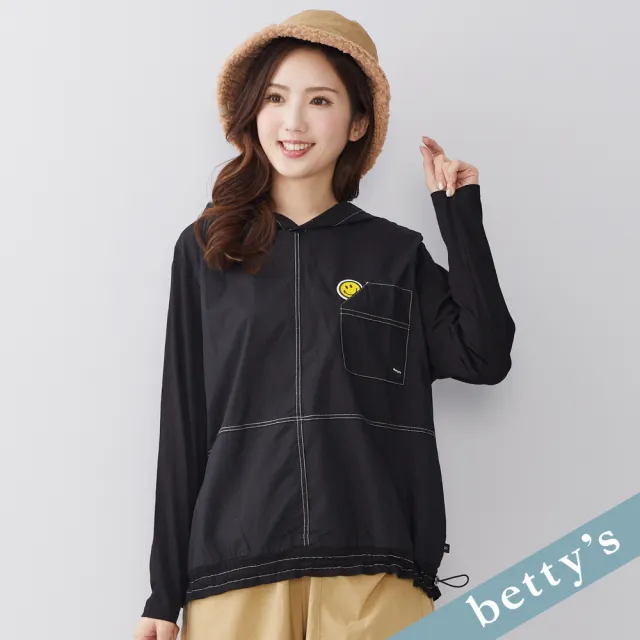 【betty’s 貝蒂思】出清品 笑臉印花抽繩拼接連帽上衣(黑色)