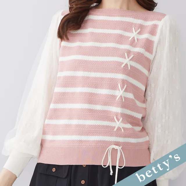 【betty’s 貝蒂思】出清品  雪紡網紗拼接蝴蝶結針織上衣(粉色)