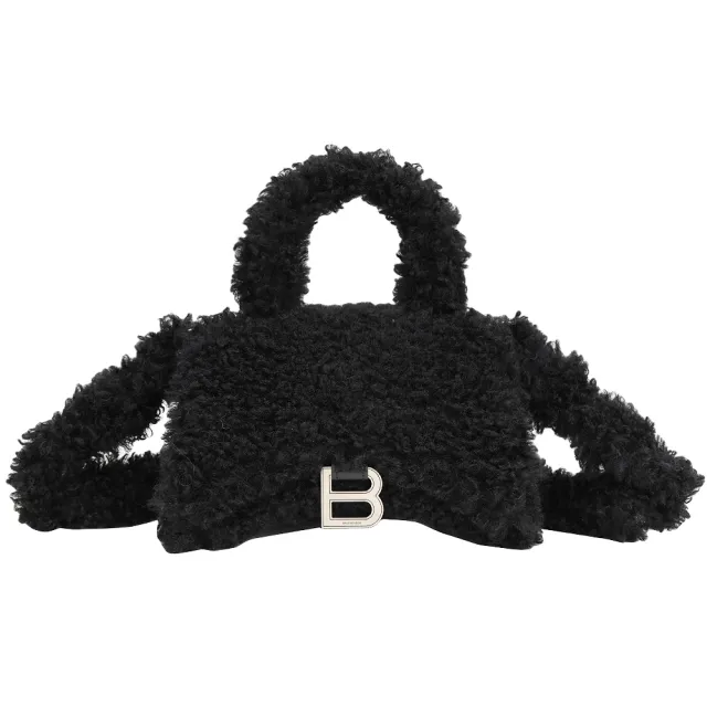 【Balenciaga 巴黎世家】Fluffy Hourglass XS 毛茸手提/斜背沙漏包-黑色(絨毛包 手提包 斜背包)