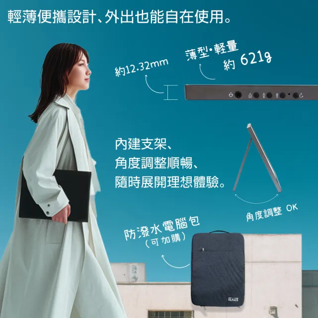 【REAICE】日本Winten 14吋IPS超薄可攜式L型外接螢幕(Switch可攜式螢幕/移動式/內建支架/HDMI/Type-C)