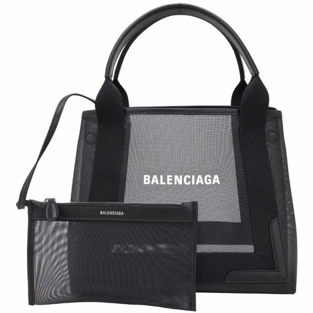 【Balenciaga 巴黎世家】Navy Cabas S 網眼x羊皮 手提 肩背托特包-黑色(托特包 手提包 兩用包)