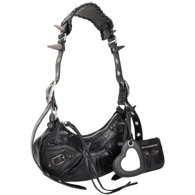 【Balenciaga 巴黎世家】Le Cagole XS 龐克尖釘鞣製小羊皮肩 斜背可頌包-黑色(肩背包 腋下包 可頌包)