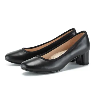 【MAGY】簡約素面牛皮圓頭粗中跟鞋(黑色)