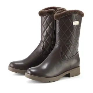 【MAGY】牛皮菱格車線保暖羊毛低跟中筒靴(咖啡)