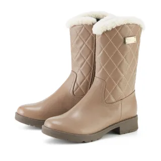 【MAGY】牛皮菱格車線保暖羊毛低跟中筒靴(可可)