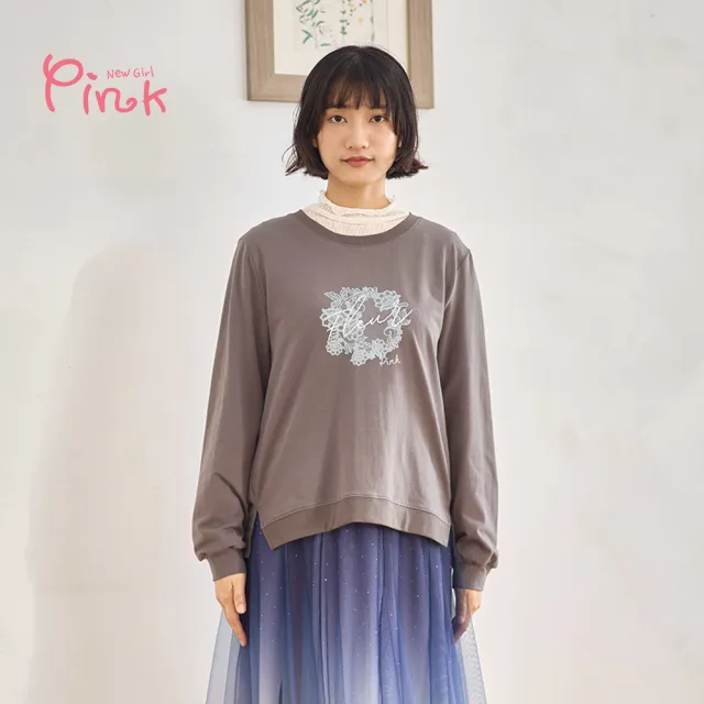 【PINK NEW GIRL】Fleur串珠印花圓領長袖T恤 Z1313AD(2色)