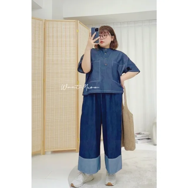 【Want-Meow】90公斤可穿/日系百搭文青下拼接直筒牛仔寬褲(大碼/大尺碼/加大碼/牛仔寬褲/下著)