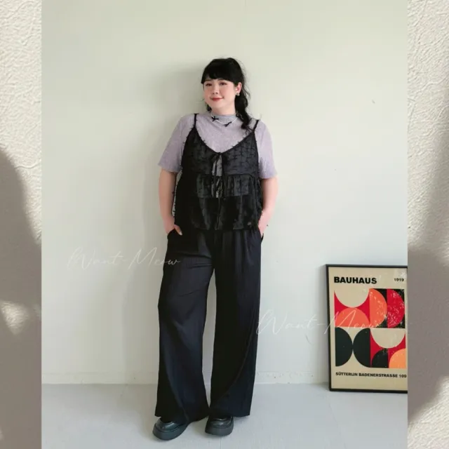 【Want-Meow】90公斤可穿/寬鬆顯瘦不同褲長有口袋中大碼壓褶寬褲坑條(大碼/大尺碼/加大碼/鬆緊寬褲/下著)