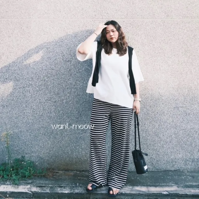 【Want-Meow】90公斤可穿/超級瘦韓系鬆緊褲頭舒適條紋綁帶長寬褲(大碼/大尺碼/加大碼/鬆緊褲頭寬褲/下著)