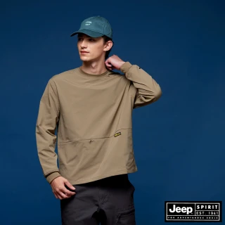 【JEEP】男裝 簡約防潑水彈性長袖T恤(卡其色)