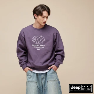 【JEEP】男裝 幾何北極熊刺繡長袖T恤(紫色)