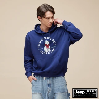 【JEEP】男裝 手繪北極熊印花長袖連帽T恤(藍色)