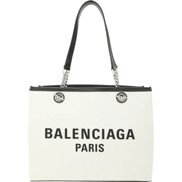 【Balenciaga 巴黎世家】Duty Free 中型 字母印花帆布肩背托特包-米白色(托特包 手提包 兩用包)