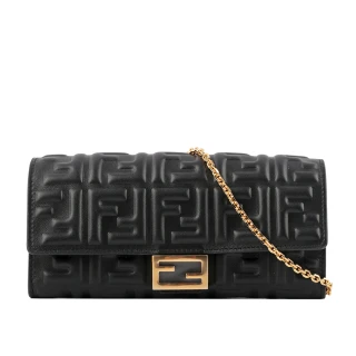 【FENDI 芬迪】FF Logo壓紋小羊皮鍊帶WOC(黑色)