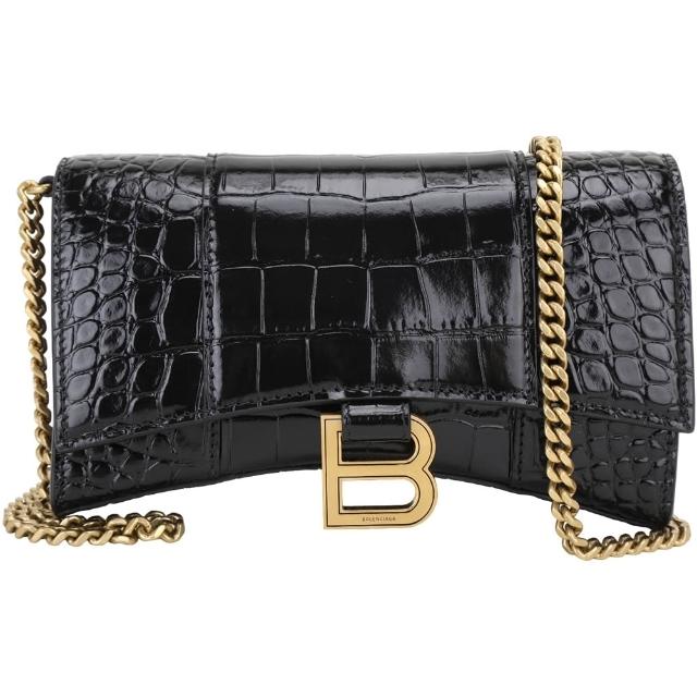 【Balenciaga 巴黎世家】Hourglass B字鱷魚紋壓花牛皮鍊帶斜背沙漏包-黑色(手提包 斜背包 肩背包)