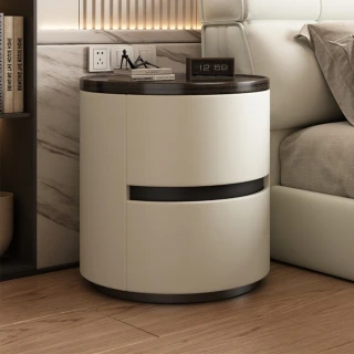 【巨匠】實木圓形床頭櫃 40x40x49cm貓抓皮床頭櫃 主臥創意床邊櫃 免安裝小型收納櫃(圓形床頭櫃 邊櫃)