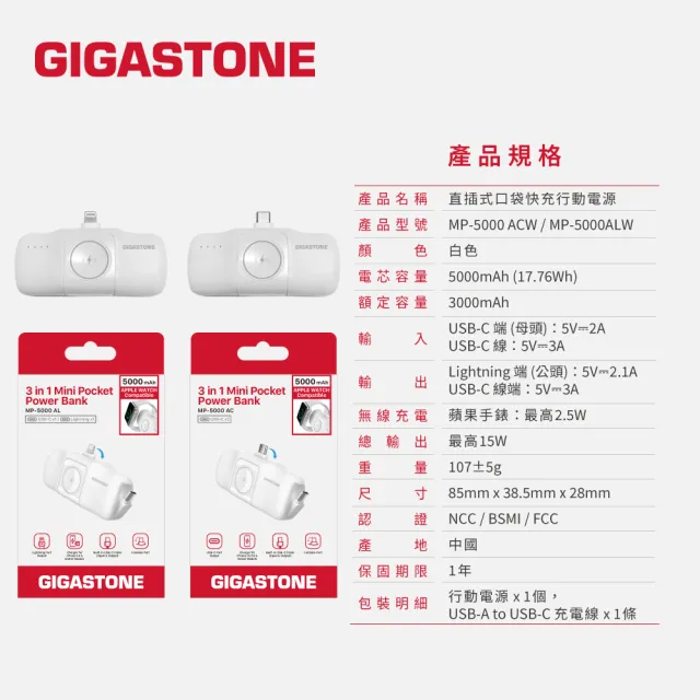 【Gigastone 立達國際】2入組 5000mAh Type-C 15W直插式行動電源 白 ｜可充Apple Watch、磁吸