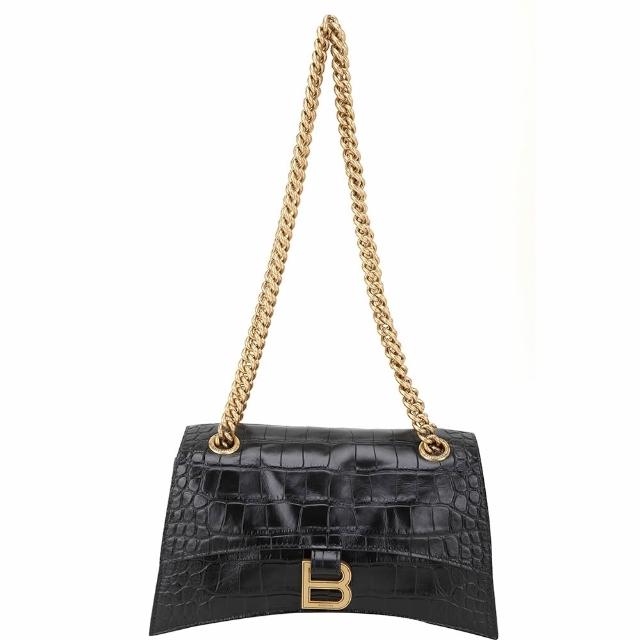 【Balenciaga 巴黎世家】Crush 小款 B字鱷魚壓花小牛皮鍊帶肩背斜背沙漏包-黑色(肩背包 鍊帶包 翻蓋包)