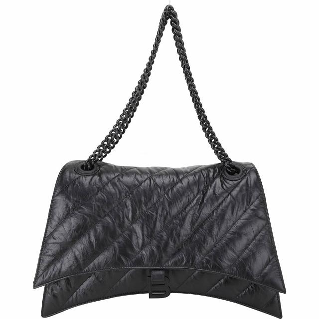【Balenciaga 巴黎世家】Crush 大款 鞣製小牛皮絎縫鍊帶肩斜背包-全黑(肩背包 鍊帶包 翻蓋包)