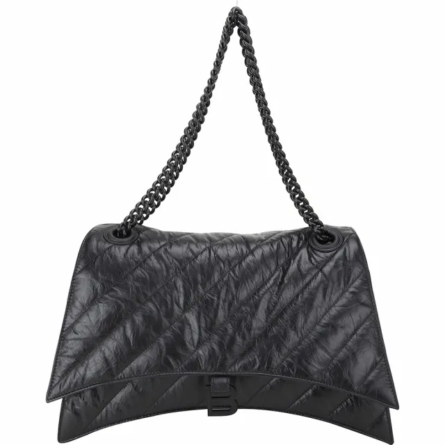 【Balenciaga 巴黎世家】Crush 大款 鞣製小牛皮絎縫鍊帶肩斜背包-全黑(肩背包 鍊帶包 翻蓋包)