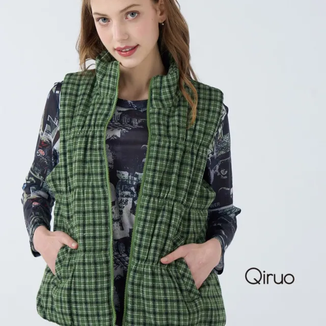 【Qiruo 奇若名品】保暖厚棉內裡 拉鍊立領綠格紋休閒背心6047D 