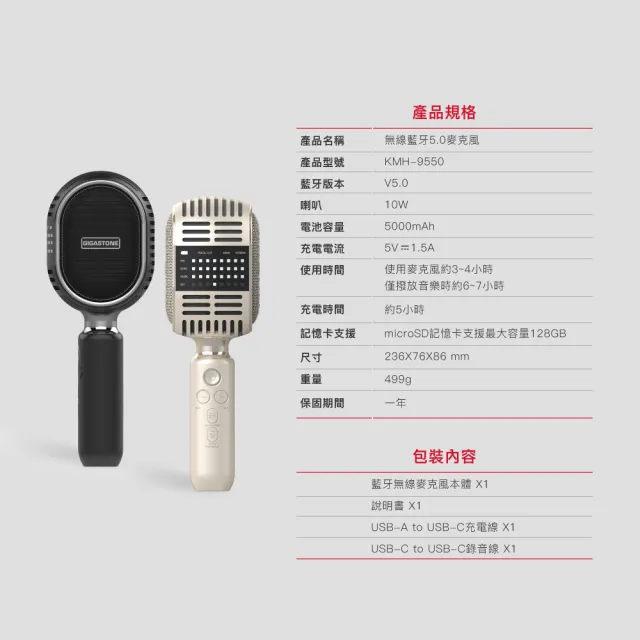 【Gigastone 立達國際】2入組 復古無線藍牙5.0麥克風KMH-9550(卡拉OK唱歌/雙人對唱TWS/喇叭音響/平板手機)